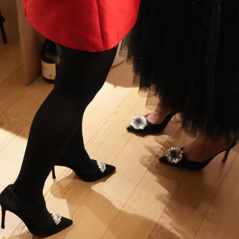 Good American Black Pointed Satin Mules with Crystal Buckle - Picture 2 of 10